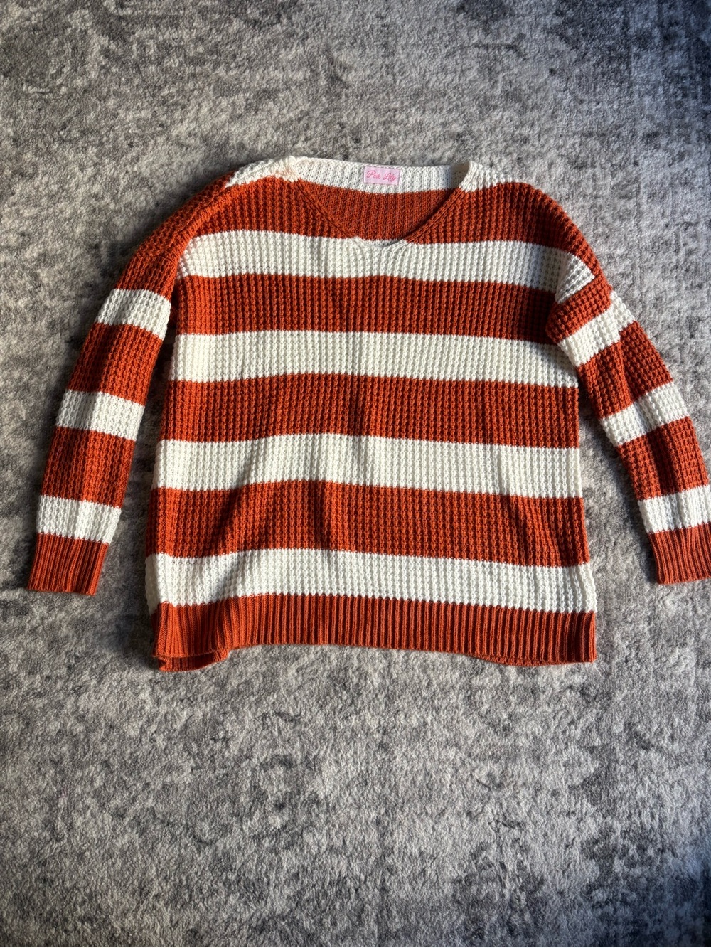 Pink Lily Orange and Cream Striped V-Neck Sweater